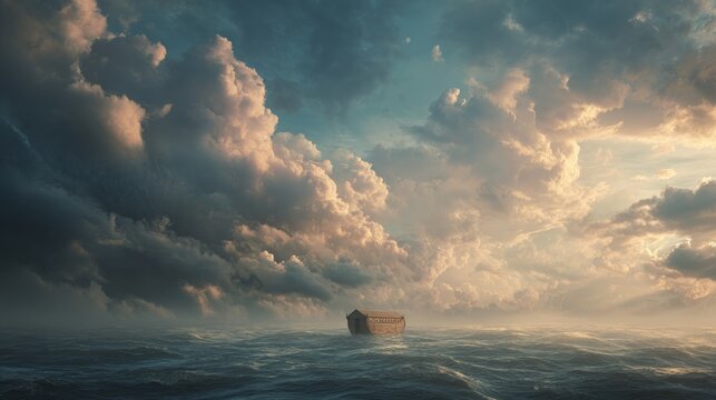 Noah's ark in the middle of the sea with a beautiful sky with clouds and copy space