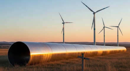 Majestic wind turbines harnessing renewable energy in a vast rural landscape at golden hour sunset