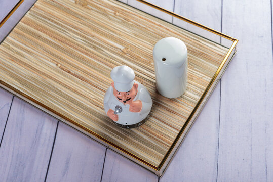 Everyday home utensils on wood background