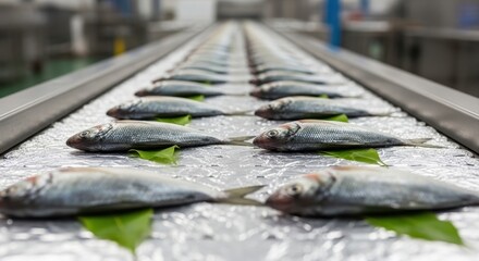 Fresh fish lined up on a processing conveyor belt in a modern seafood production facility undergoing preparation for distribution and sale