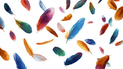 Fototapeta premium Colorful Floating Feathers Pattern Isolated on White Background with Soft Motion, Artistic Style, and Creative Freedom Concept