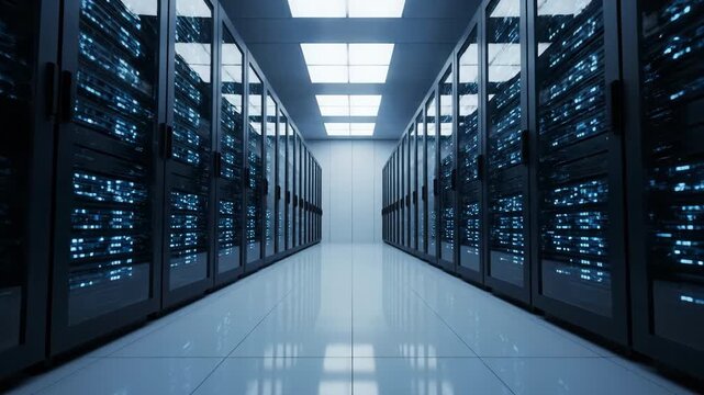 Interior view of a data center featuring rows of server racks illuminated by blue lights on a white tiled floor. Technology and IT infrastructure.