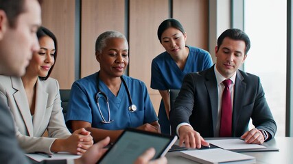 Diverse medical professionals and business executives collaborating on healthcare strategy in a modern boardroom, utilizing a digital tablet for hospital administration planning. - Powered by Adobe
