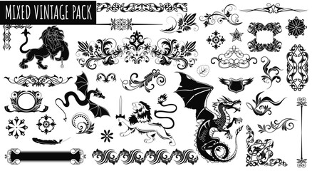 Vintage elements bundle: A meticulously curated collection of vintage graphic elements, perfect for adding a touch of classic elegance. featuring dragon, lion, frame and floral ornament in dark color.