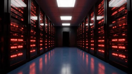 Illuminated server room featuring red illuminated servers in dark interior, shiny blue floor and white ceiling lights showcases data center's technology and futuristic design. - Powered by Adobe