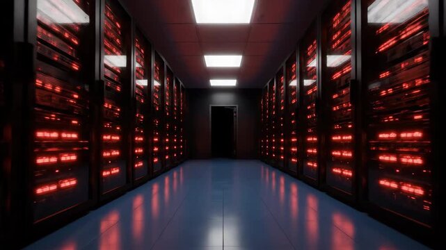 Illuminated server room featuring red illuminated servers in dark interior, shiny blue floor and white ceiling lights showcases data center's technology and futuristic design.