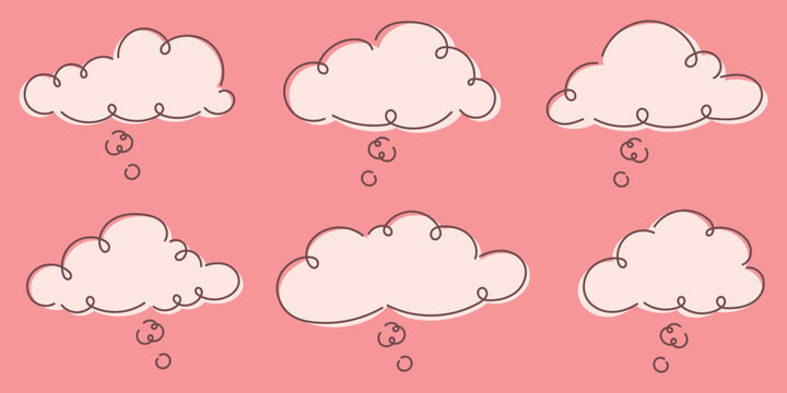Hand drawn speech bubble illustration set with soft cloud shapes and curly tails in pastel pink background showing multiple cartoon dialog bubbles with smooth lines gentle style