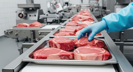 Raw beef steaks being processed on a conveyor belt in a modern food factory production line