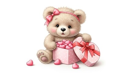 Cute fluffy bear holding a box of heart-shaped chocolates on a white background. AI generated.