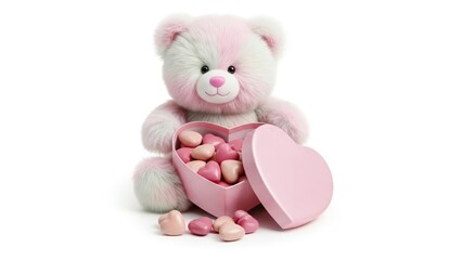 Cute fluffy bear holding a box of heart-shaped chocolates on a white background. AI generated.