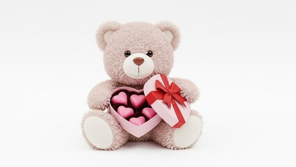 Cute fluffy bear holding a box of heart-shaped chocolates on a white background. AI generated.