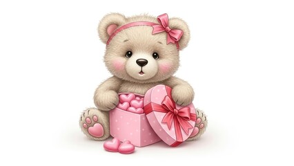 Cute fluffy bear holding a box of heart-shaped chocolates on a white background. AI generated.