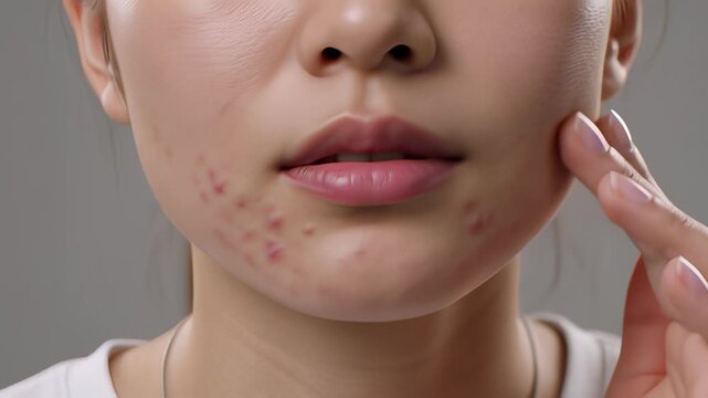 Close-up of a young Asian woman touching red acne breakouts on her chin, illustrating skincare problems and dermatological treatment concepts.