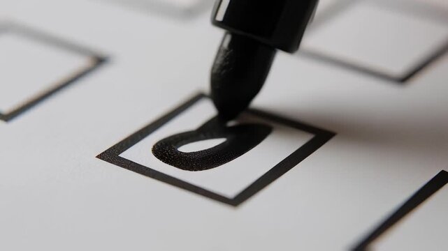 Macro close-up of a black marker drawing a check mark in a square box on a white paper survey, symbolizing voting choices and task completion.