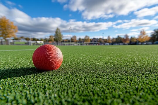 The kickball from Red Playground rests on the green grass under the bright sunshine, symbolizing summer fun