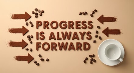 Chocolate lettering spelling "Progress Is Always Forward" surrounded by coffee beans and pieces of chocolate, symbolizing motivation and optimism