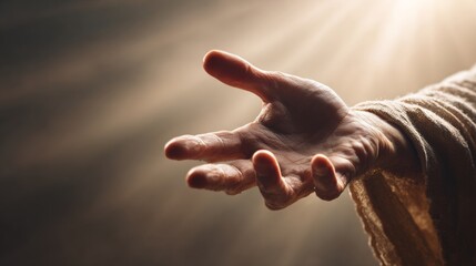Jesus extending his hand as salvation on a beige background with copy space