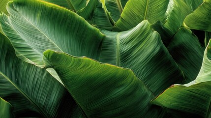 Lush green banana leaves with natural texture and light, tropical background, exotic nature close-up