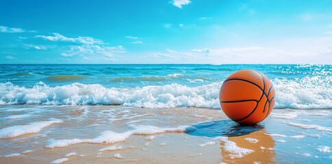 A basketball is resting on the sandy shoreline of a beach, evoking notions of sports, recreation, and leisurely summer activities
