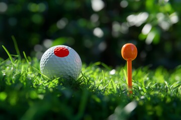 A white golf ball sits on a tee in a sunny field, ideal for themes related to summer sports, and can be customized to fit recreation and leisure ideas