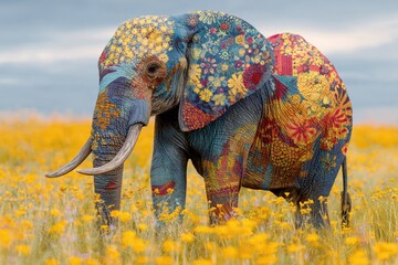 Colorful African Elephant Walking Through Summer Grassland Filled With Flowers in High Definition