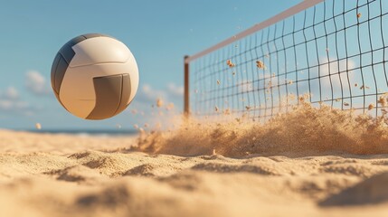A high-definition image of a volleyball soaring above the net in a beach setting, capturing the sand and net details vividly