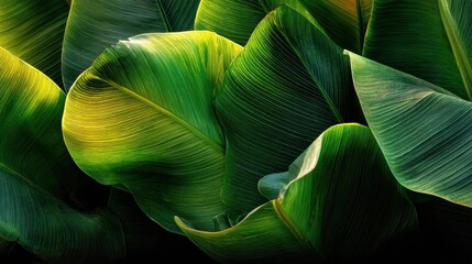Lush green banana leaves with natural texture and light, tropical background, exotic nature close-up