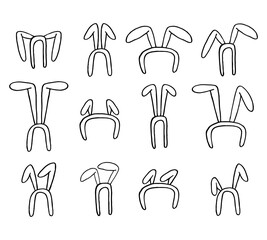 vector set of hand drawn bunny ears headbands in cute doodle outline , isolated on white background, perfect for easter, party, costume and kids design