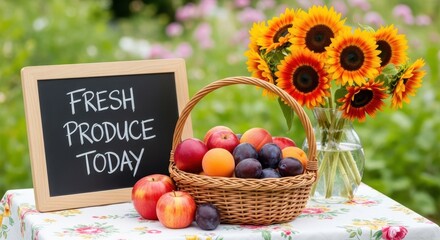 A Wicker Basket Overflowing With Fresh Fruit and Vibrant Sunflowers Displayed Outdoors Next to a Chalkboard Sign