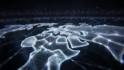Futuristic digital world map with a glowing blue plexus network connecting continents in a seamless 3D loop, illustrating global data cybersecurity and technology concepts. - Powered by Adobe