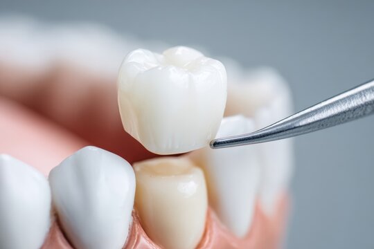 Dentist Places Ceramic Crown on Patient Tooth in Dental Clinic During Treatment Session