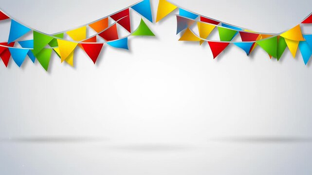 Colorful bunting flags and confetti garland hanging over a bright white background with copy space, creating a festive atmosphere for birthday or carnival invitations.