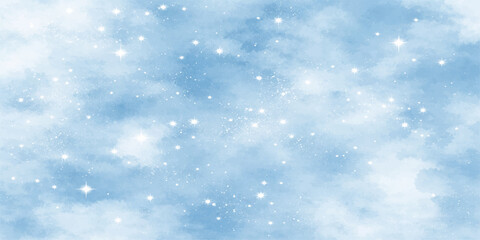 An abstract blue Christmas background features a magic winter pattern of falling snowflakes and glowing stars for a festive holiday season celebration © Graph Rover