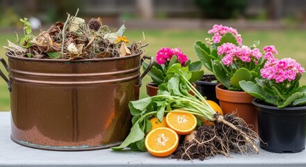 Fresh orange slices and vibrant flowers near a garden compost bucket, representing natural cycles and healthy growth.