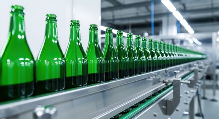 Row of green glass bottles moving along a production line conveyor in a modern manufacturing factory