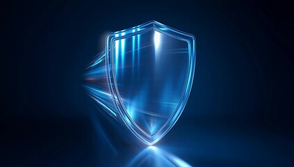 modern shield security icon on a blue background with a glowing light effect cyber technology concept dark blue gradient and white space around the elements Generative AI - Powered by Adobe