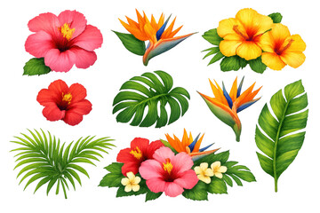 Set of colorful exotic botanical elements including flowers and foliage, ideal for summer, vacation, and hawaiian themes