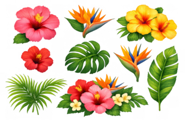 Set of colorful exotic botanical elements including flowers and foliage, ideal for summer, vacation, and hawaiian themes