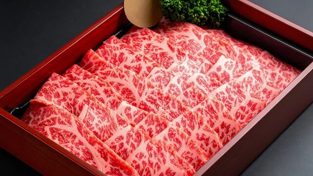 美しい霜降りの牛肉が整然と並び高級感ある食材の魅力を放つ