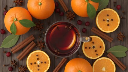 Flat lay of mulled wine ingredients, spices, oranges, cinnamon sticks