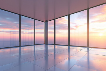 Fototapeta premium Modern glass office interior with panoramic windows and sky view, minimal corporate background
