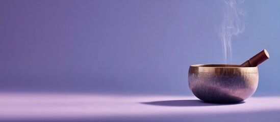 Tibetan singing bowl with rising smoke on soft purple background. calm serene soft lavender banner with copy space. meditation, mindfulness, sound healing, inner balance, zen, yoga, spiritual branding