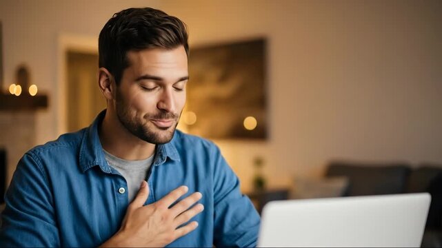 Man expresses heartfelt gratitude while engaging in a video call from home