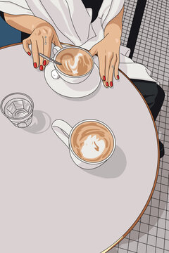 Woman Sitting at Cafe During Coffee Break on a White Table with 2 Coffee Cups Water Glass and Teaspoon