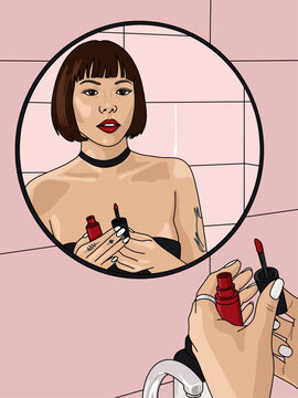 Portrait of Woman Applying Lipstick in Pink Bathroom Reflected in a Round Mirror Doing Makeup