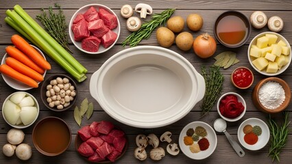 Flat lay of slow cooker stew ingredients, winter cooking preparation