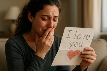 Woman feeling strong emotions, crying while holding a handwritten message with I love you and a red heart