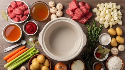 Flat lay of slow cooker stew ingredients, winter cooking preparation