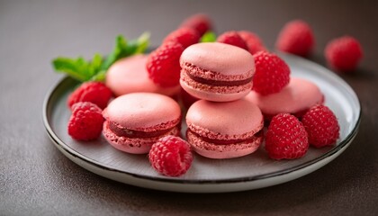 Delightful Raspberry Macaroons Arranged On A Plate With Fresh Raspberries On The Side For An Elegant Dessert Display