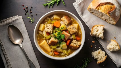 Flat lay of rustic bread soup with vegetables, traditional winter food